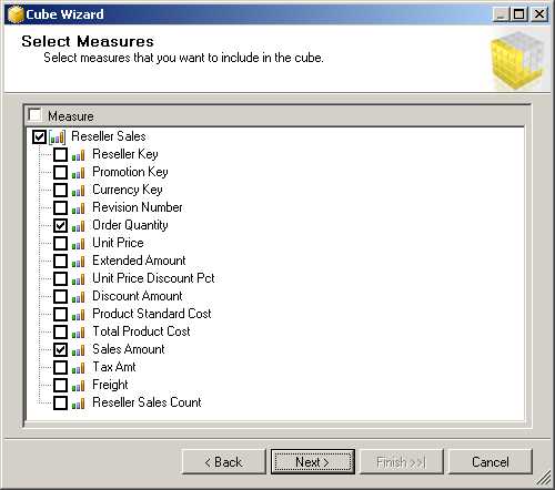 Select Measures Page of Cube Wizard